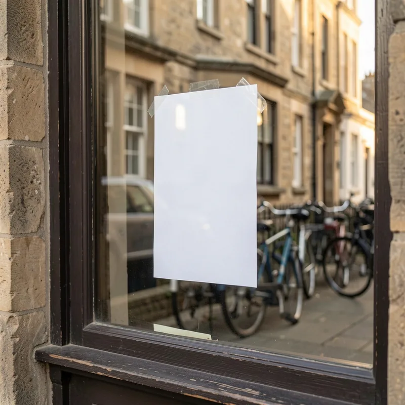 Affichette annonçant un vide-maison posée dans la vitrine d’un commerce de quartier