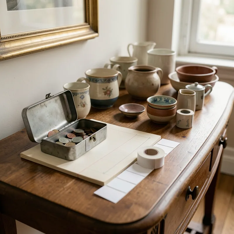Table d’entrée avec caisse, étiquettes de prix et objets préparés pour une vente à domicile