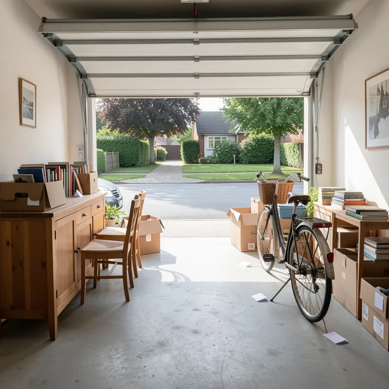 Meubles et objets étiquetés disposés dans un garage ouvert sur la rue pendant une vente