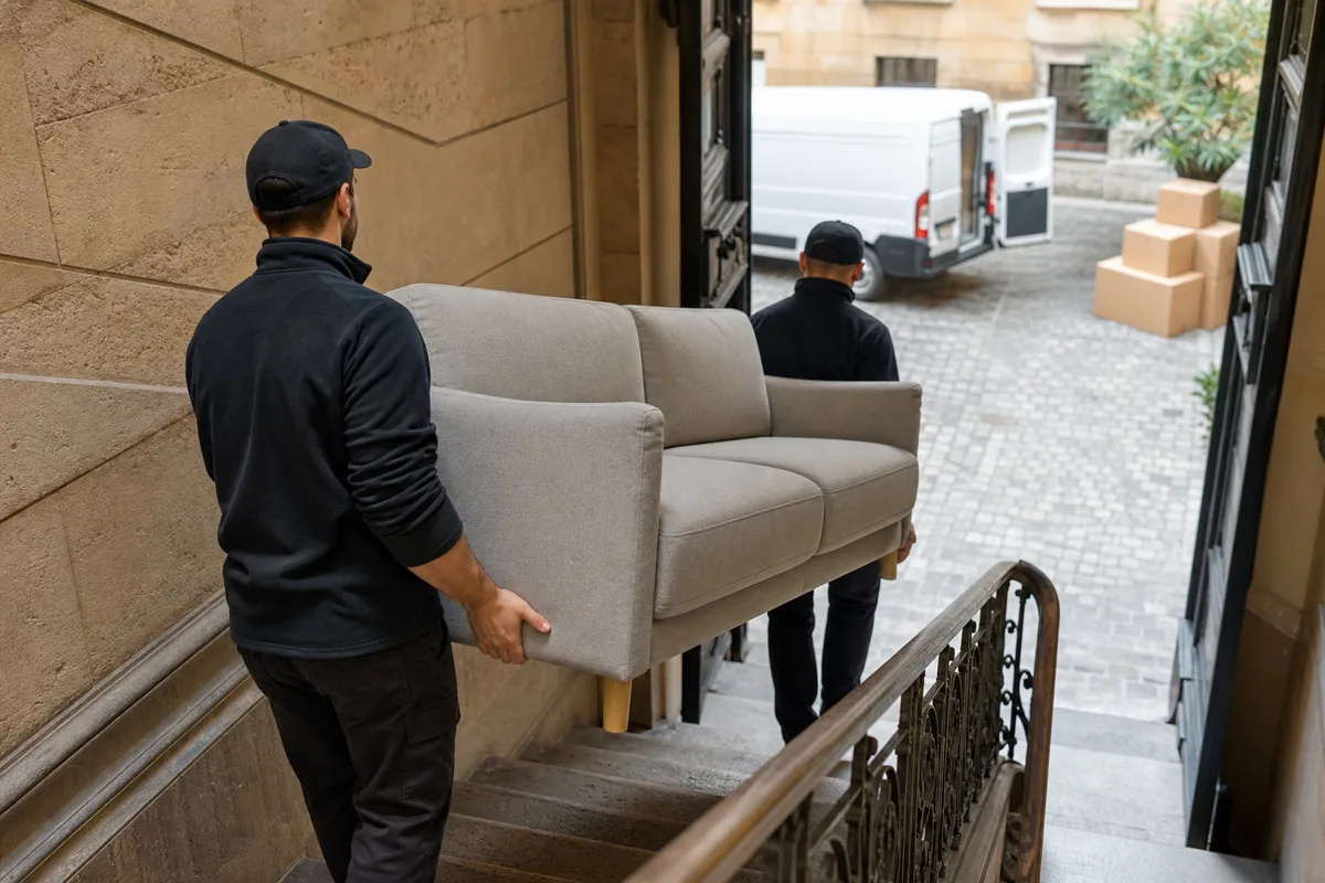 Deux intervenants portant un canapé dans une cage d&rsquo;escalier ancienne