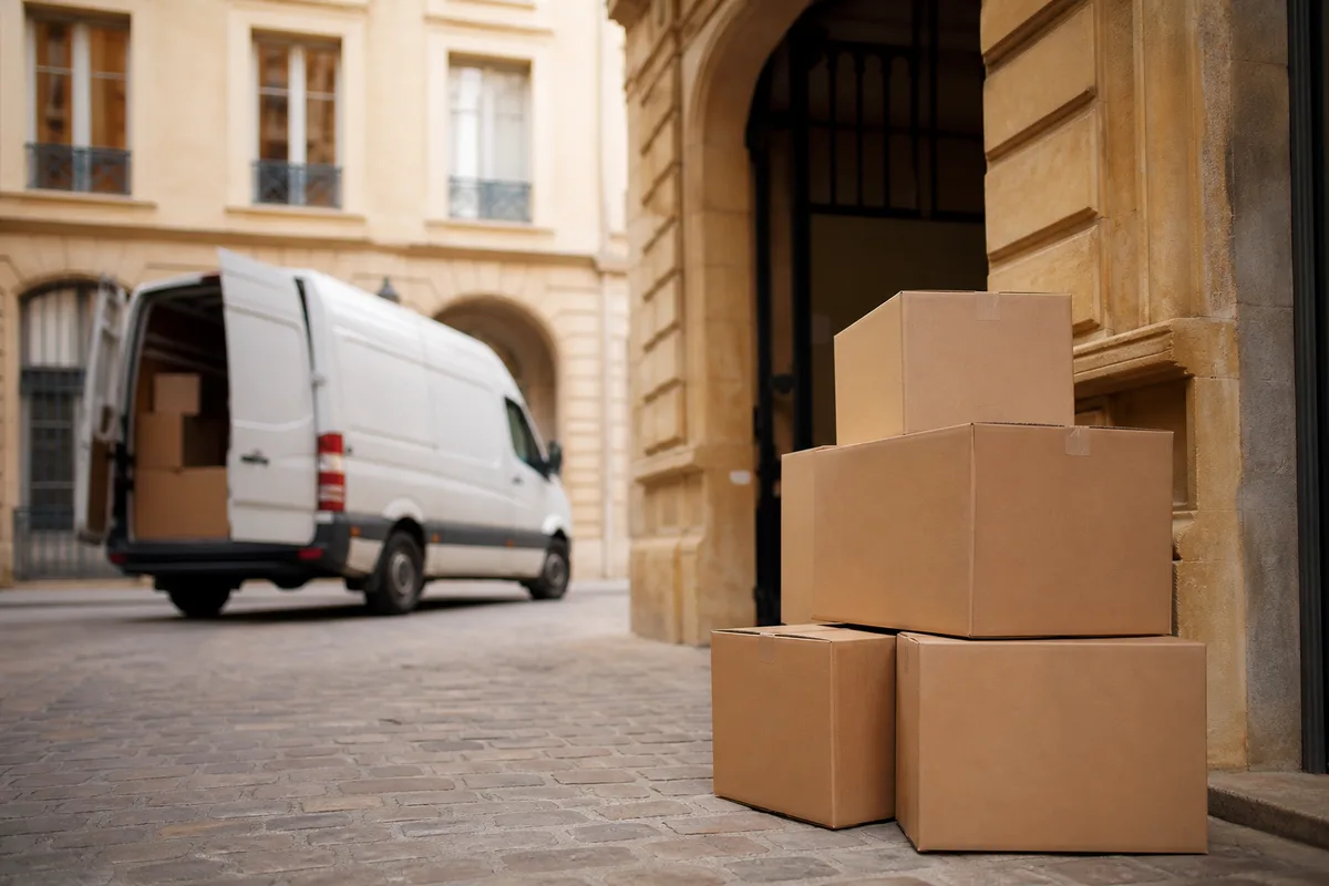 Camion utilitaire stationné devant un immeuble avec des cartons prêts à charger