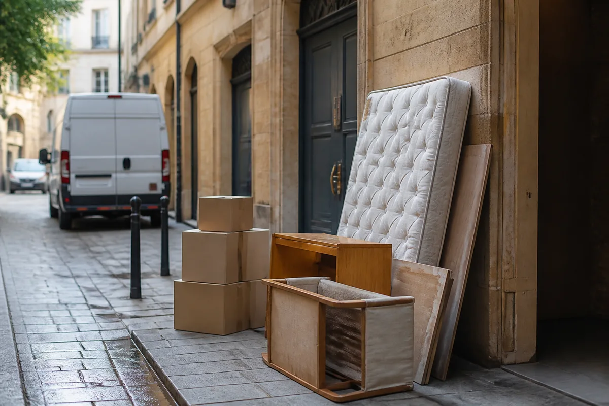 Meubles et matelas déposés sur un trottoir en attente d&rsquo;enlèvement