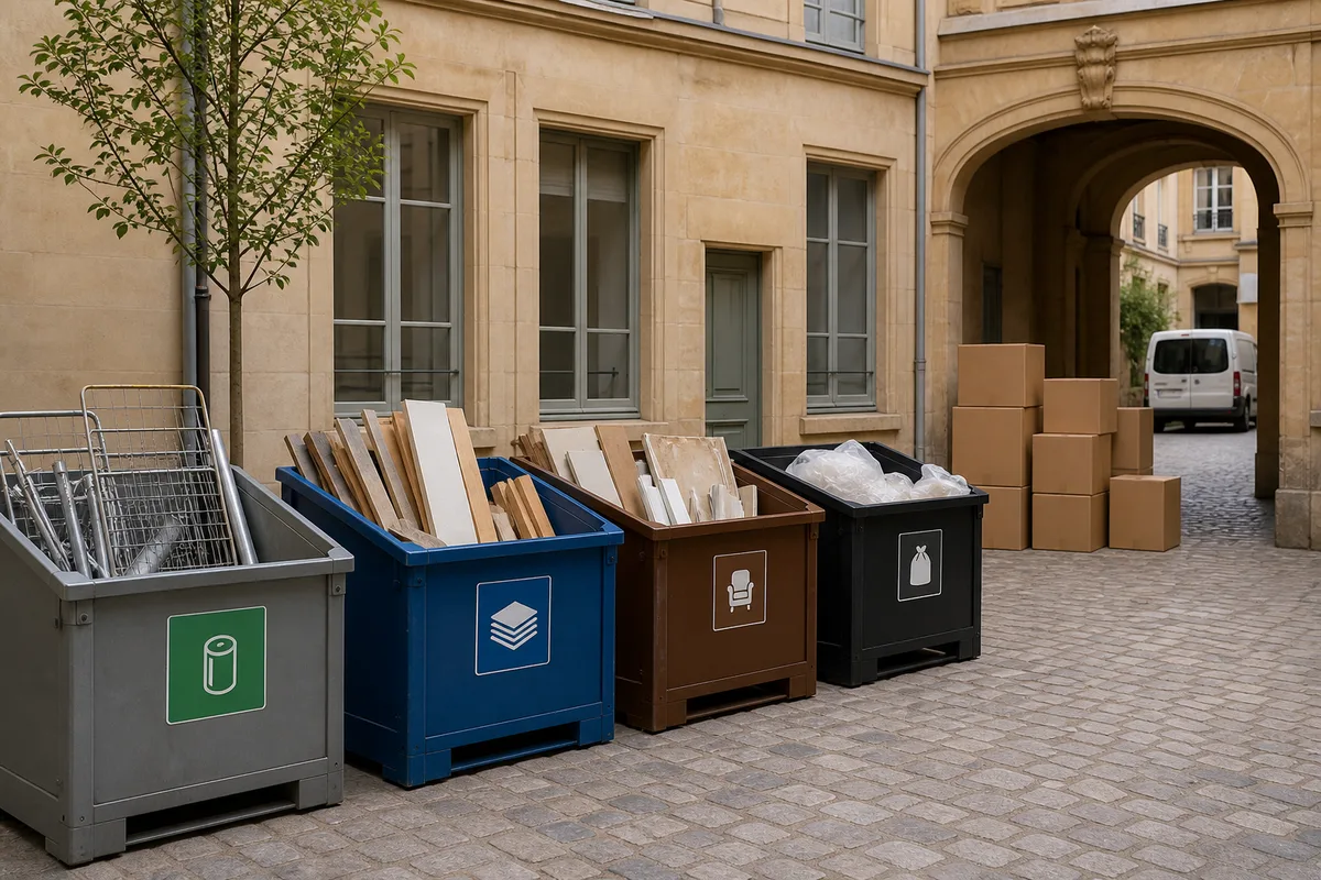 Bennes de tri distinctes dans une déchetterie avec signalétique par matière