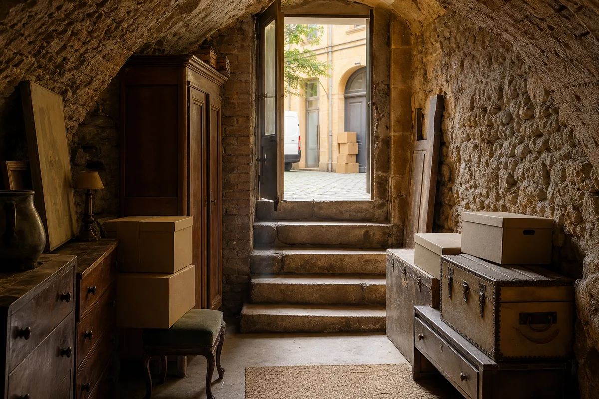 Cave voûtée lyonnaise encombrée de meubles et de cartons avant un débarras