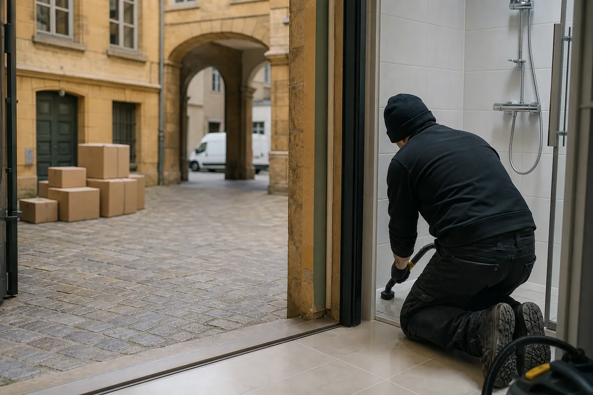 Intervenant nettoyant les joints d&rsquo;une salle de bains avec un équipement professionnel
