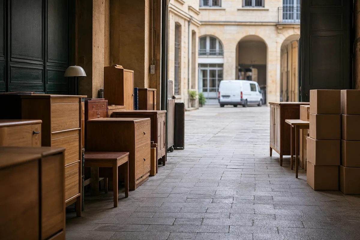 Meubles en bois alignés dans l&rsquo;entrepôt d&rsquo;une structure de réemploi