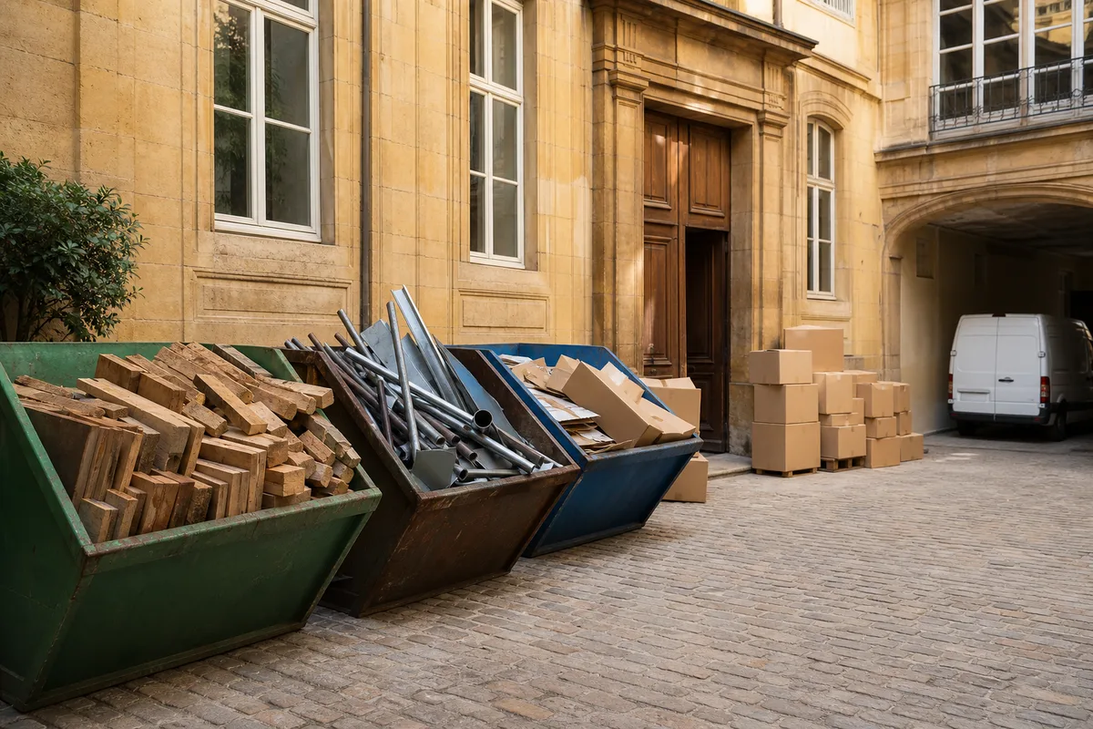 Bennes séparées de bois, de ferraille et de cartons dans un centre de tri