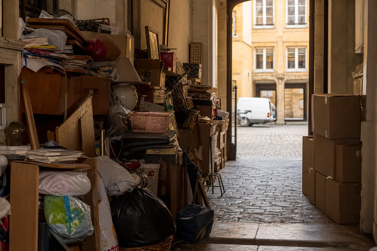 Couloir d&rsquo;appartement encombré du sol au plafond par des objets accumulés