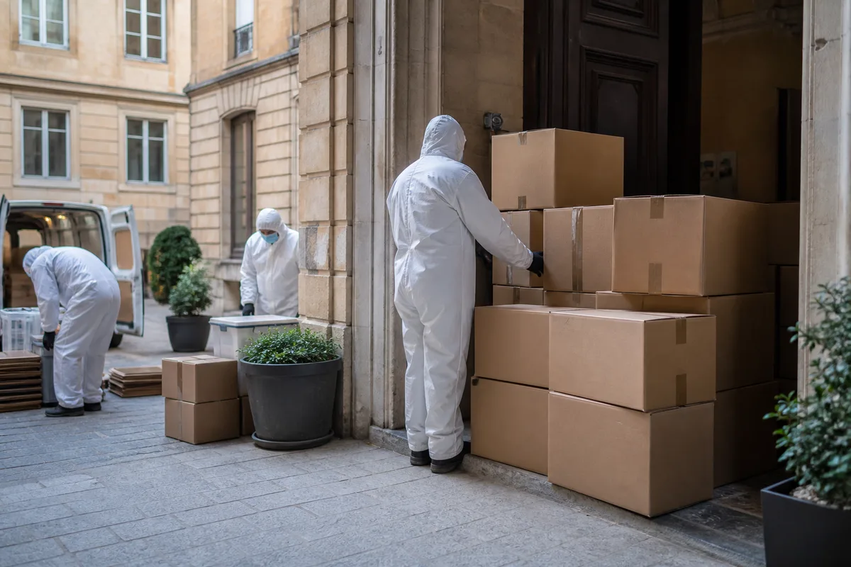 Intervenants en combinaison de protection préparant le tri d&rsquo;un logement