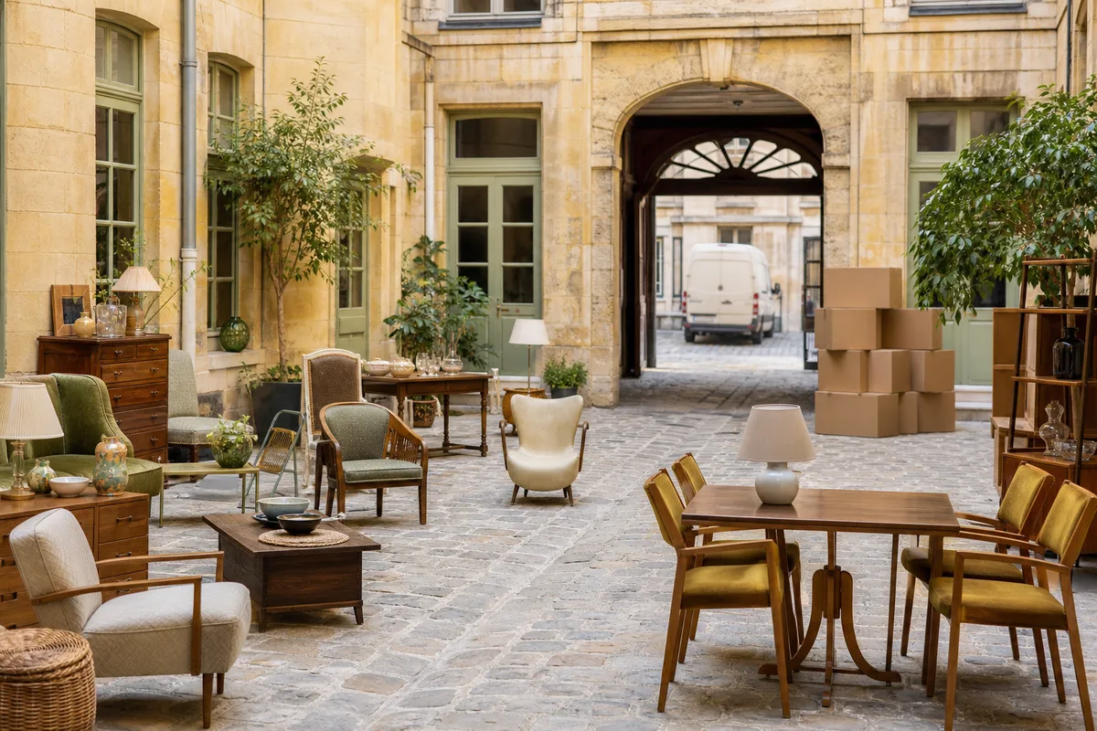 Meubles et objets disposés dans un salon ouvert au public pour une vente