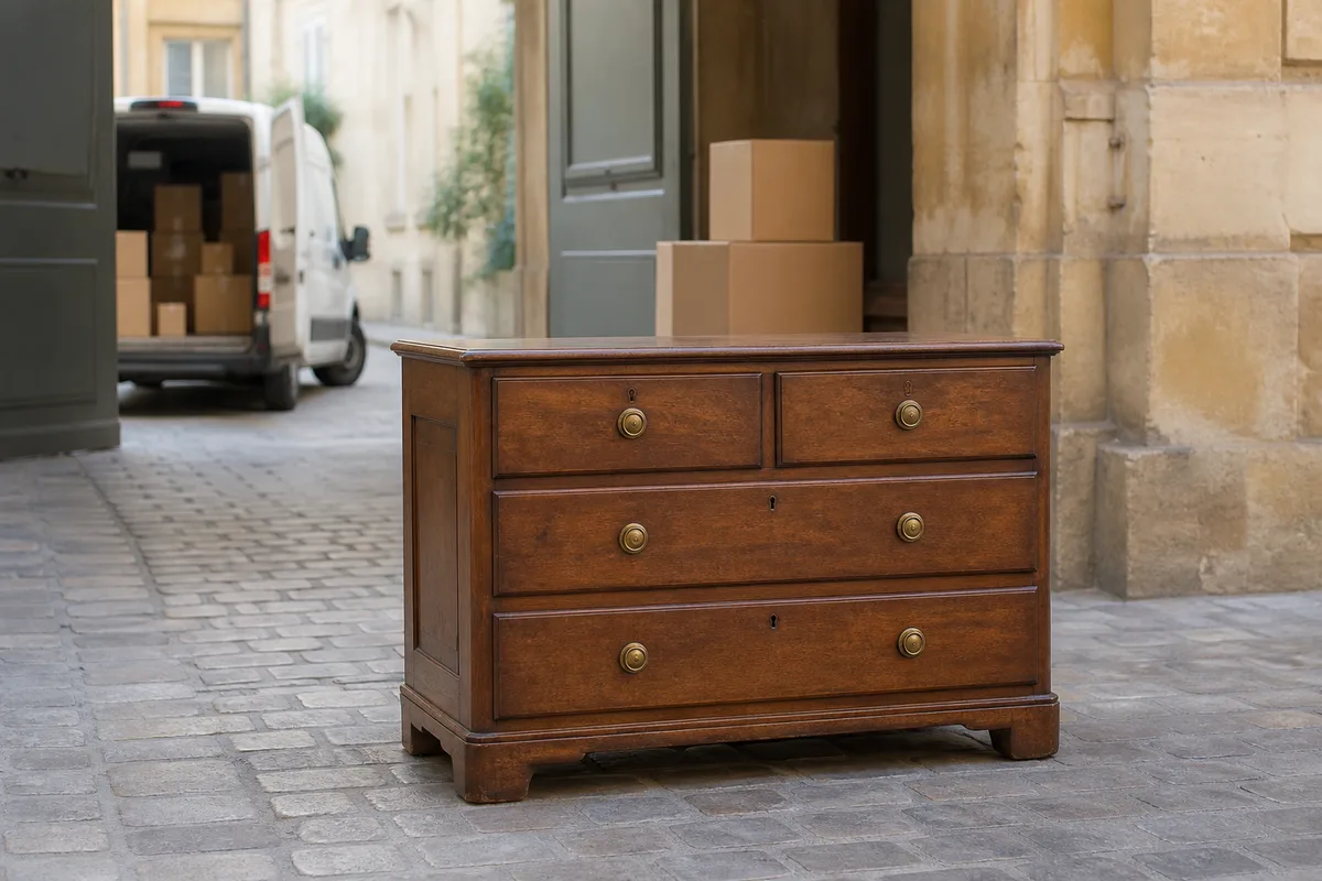 Commode ancienne en bois massif photographiée pour une annonce de vente