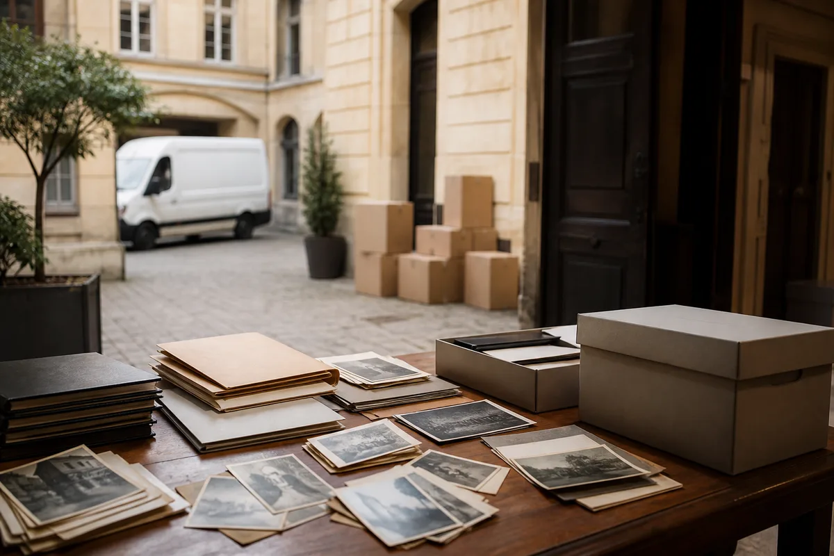 Table couverte de dossiers, de photographies anciennes et de boîtes à archives