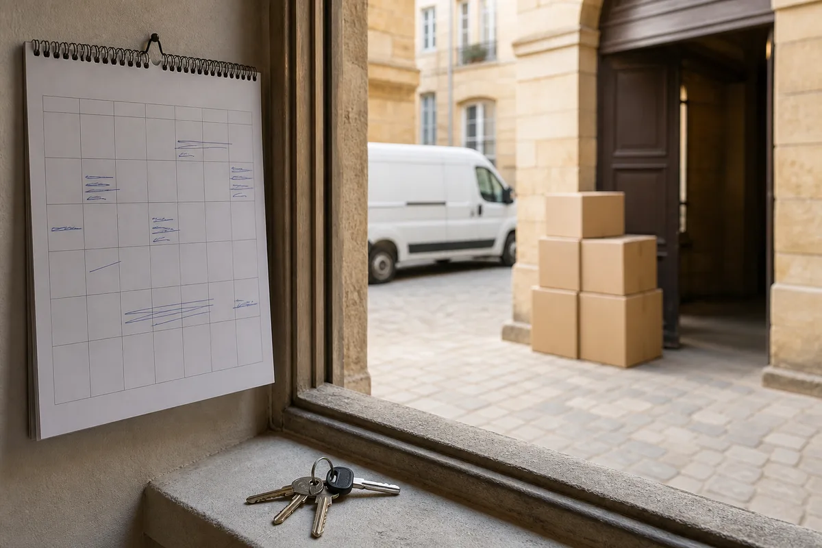 Calendrier mural annoté à côté d&rsquo;un trousseau de clés sur un rebord de fenêtre